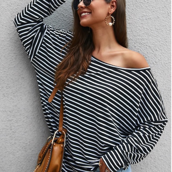 NEW‼️Striped Print Asymmetrical Neck- Top - Picture 3 of 5